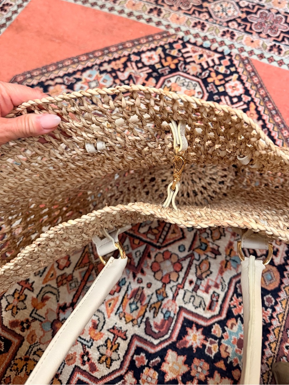 Eilaf Shamisa Braided Natural Straw Bucket Tote Ivory Leather Trim $395 - Picture 10 of 14